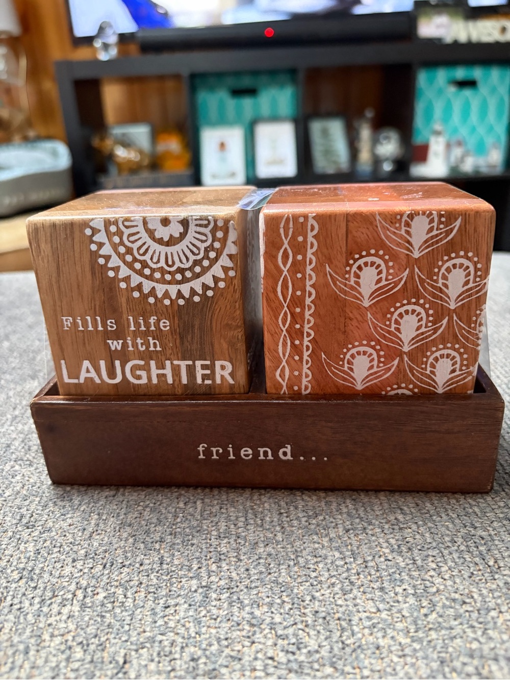 Demdaco Brown Wooden Message Block Set with White Script